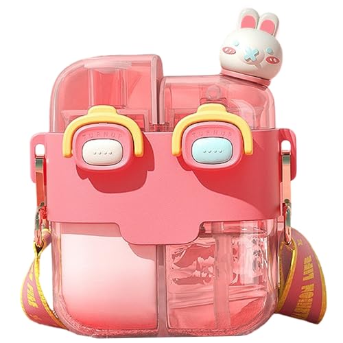 Pesoncarl Kawaii Wasserflasche Dual Chamber Water Flasche mit Stroh & Gurt & Lock 530 ml tragbarer Leckdosen für die Schulreise, rot, Fütterung Wasserversorgung von Pesoncarl