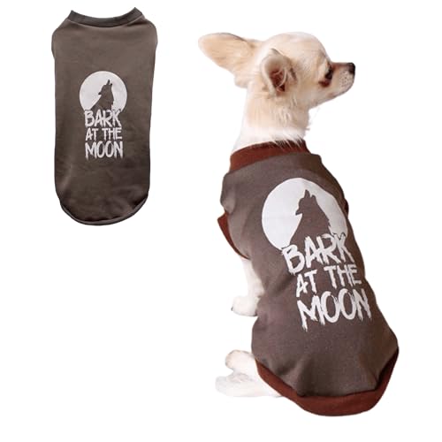 Hunde-Halloween-Pullover, Hundepullover mit Bark at The Moon Halloween-Kostüm für kleine Hunde, braun, maschinenwaschbar, lustiges Urlaubsparty-Outfit für Welpen, Größe S/M – L 33 x B 17 cm von Pet Brands