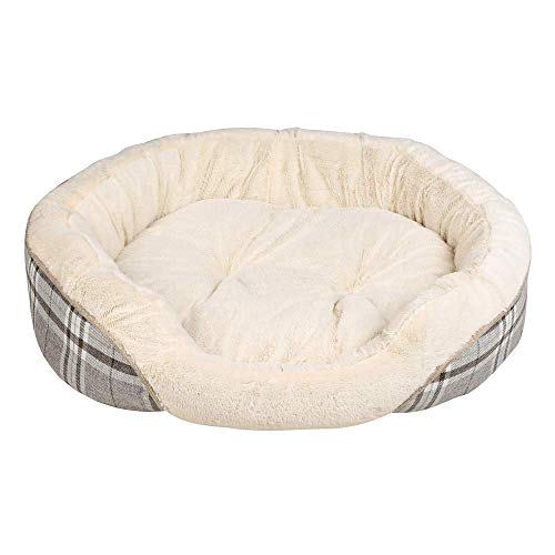 Pet Brands Rundes Hundebett mit grauem Schottenkaro, mittelgroß/groß, mit warmem Plüsch und wendbarer Innenseite von Pet Brands