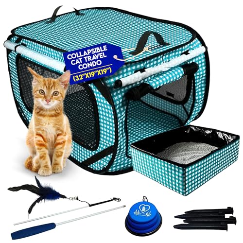Pet Fit For Life Extra große (81,3 x 48,3 x 48,3 cm) faltbare Katzen-Reisehütte mit Reise-Katzentoilette und Bonus-Katzenfederspielzeug und faltbarer Wasser-/Futternapf – Blaugrün Karos von Pet Fit For Life