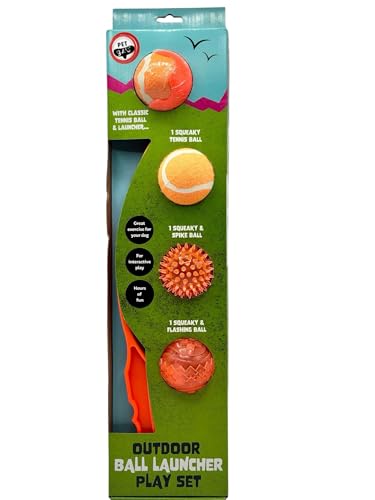 Pet Dog Outdoor Ballwerfer Spielset mit 2 Tennisbällen und 1 Spike & 1 blinkendem Ball für Welpen Spielzeit (Neon Orange, Medium) von Pet Guru