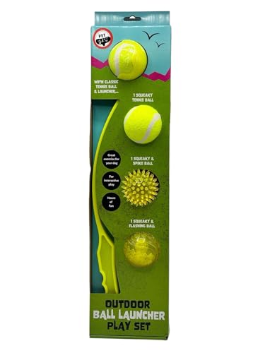 Pet Dog Outdoor Ballwerfer Spielset mit 2 Tennisbällen und 1 Spike & 1 blinkendem Ball für Welpen Spielzeit (Neongrün, Medium) von Pet Guru