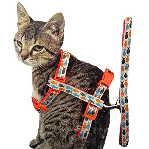 Verstellbare Nylon-Katzenleine und -geschirr für Katzen, ausbruchsicher, erhältlich in 6 Farben (Orange, Fisch-Druck) von Pet Guru