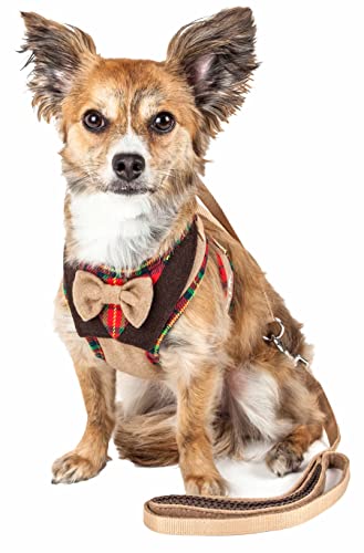 Pet Life ® Luxe 'Dapperbone' 2-In-1 Mesh Reversed Adjustable Dog Harness-Leash W/Fashion Bowtie, Medium, Brown von Pet Life