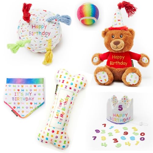 Dog Happy Birthday 6-teiliges Set, perfektes Geschenk für Hunde Happy Bday Feier, enthält Spielzeug, Krone Partyhut und Bandana (klein) von Pet London