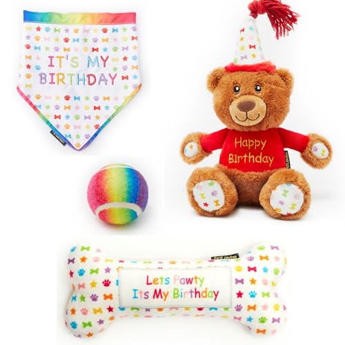 Dog Happy Birthday Geschenkset, 4-teiliges Geschenkset, perfekte Hunde Happy Bday Feier, inklusive Spielzeug und Bandana, groß Dog Happy Birthday Geschenkset, 4-teiliges Geschenkset, perfekte Hunde Happy Bday Feier, inklusive Spielzeug und Bandana, groß von Pet London