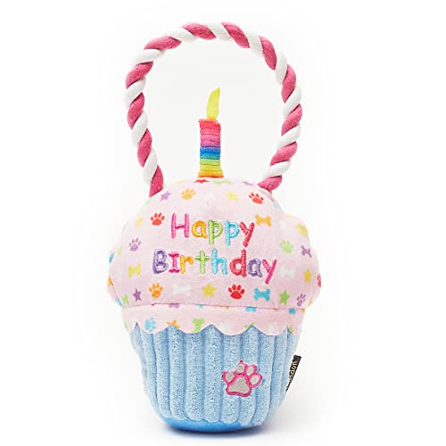 Pet London Happy Birthday Cupcake-Hundespielzeug mit Quietscher und Seilzerren, für den Geburtstag Ihres Hundes oder als Geschenk zur Adoption von Pet London