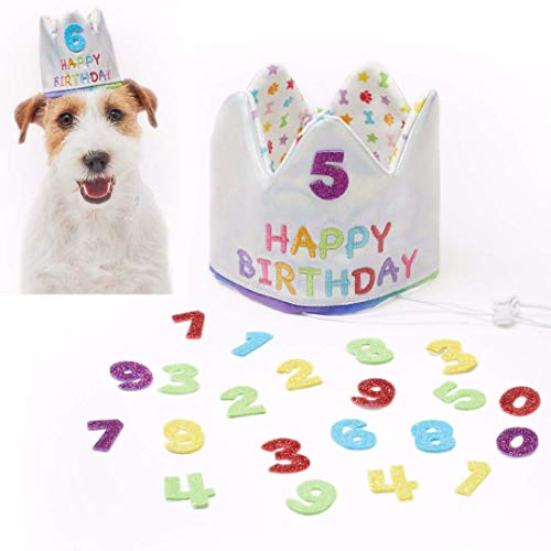 Pet London Happy Birthday wendbarer Kronenhut für Hunde und Katzen, fügen Sie jedes Alter hinzu, Glitzer-Zahlen (20 Stück), wiederverwendbar, Feiern Sie den Geburtstag Ihres Haustiers, Bestickt mit von Pet London