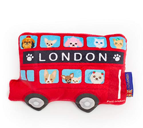 PetLondon Hundespielzeug mit rotem London-Bus, bedruckt mit lustigem London-Routemaster, britisches rotes Plüsch-Spielzeug, 17,8 cm von Pet London