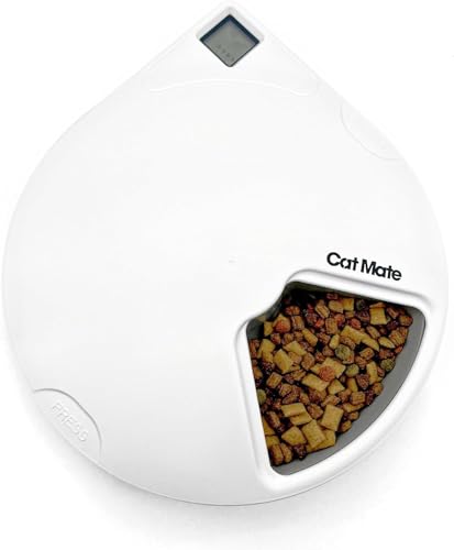 Cat Mate C500 Automatischer Futterautomat mit 5 Schüsseln und digitalem Timer für Nass- und Trockenfutter für Katzen und kleine Hunde, 5 Mahlzeiten bis zu 330 g, mit zwei Kühlakkus, Weiß von Cat Mate