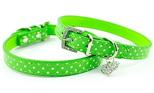Pet Palace® Hundehalsband, gepunktet, PU-Leder, mit Diamant-Schnalle und süßem Strass-Herzanhänger, wunderschönes Grün, Größe L (Halsumfang 35,6–45,7 cm) von Pet Palace