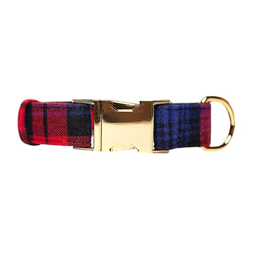 Hundehalsband aus Baumwolle, kariert, goldene Metallschnalle, verstärkte Nähte, für kleine und große Hunde (S) von Pet Peterson
