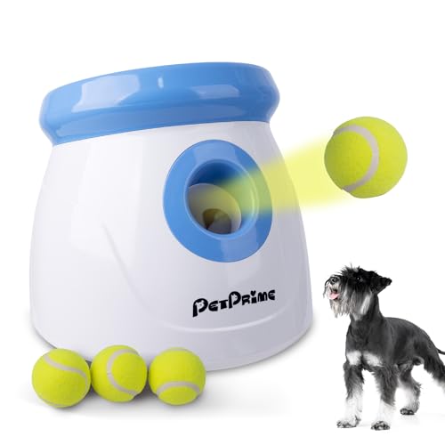 Pet Prime Automatische Ballwurfmaschine für Hunde mit 3 Distanzen (3m-9m) Inkl. 3 Robusten Tennisbällen (5cm) Ideal für Kleine Hunde (Mini-Werfer) von Pet Prime