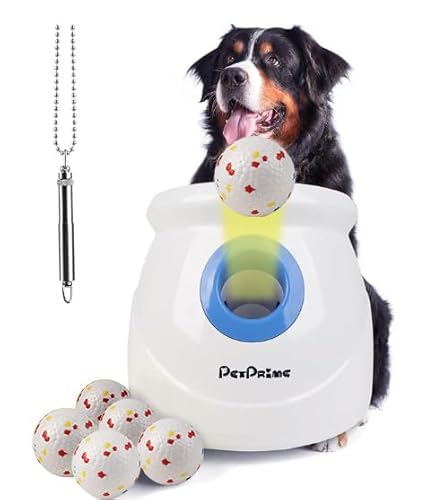 Pet Prime Automatischer Ballwerfer für große Hunde, interaktives, wiederaufladbares Ballwerfer, Spielzeug, verstellbar 3 - 19,5 m, 6 Stück 6,3 cm ETPU-Bälle und 1 Pfeife im Lieferumfang enthalten, für von Pet Prime