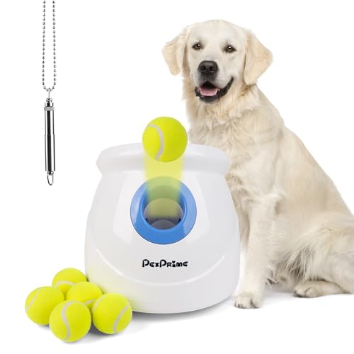 Pet Prime Automatischer Ballwerfer für große Hunde, wiederaufladbarer Ballwerfer für Outdoor-Übungen und interaktives Spielen, verstellbar 3 - 19,5 m, mit 6 Stück 6,3 cm ETPU-Bällen, 1 Hundepfeife von Pet Prime