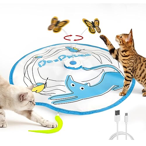 Pet Prime Automatisches Katzenspielzeug, Elektronisches Katzenspielzeug, Katze Schmetterling Spielzeug mit Federn und Schmetterlingen, Katzenpuzzle-Spielzeug, USB-aufladbar von Pet Prime