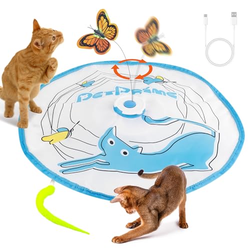 Pet Prime Interaktives Katzen Spielzeug mit Rotierendem Schmetterling & Federangel Automatisches Bewegungsmodus, Robust & Langlebig Typ-C Ladung (Mauz-Versteck) von Pet Prime