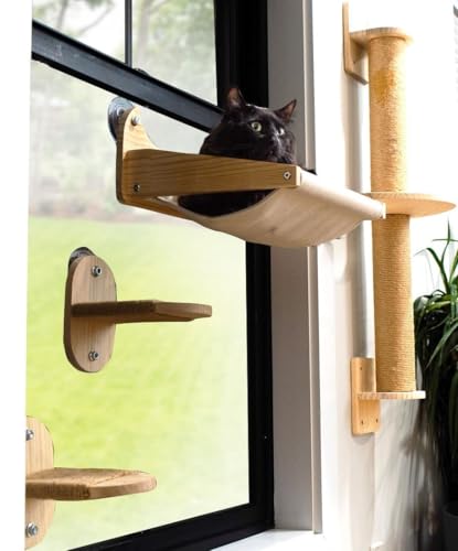 Pet Savvy Fenster-/Wandmontage, Katzenhängematte (Haferflocken), Kratzbaum mit Landung, zwei Stufen, natürliches Kiefernholz, Juteseil, Größe für Katzen bis zu 11,3 kg, 4-teiliges Set von Pet Savvy