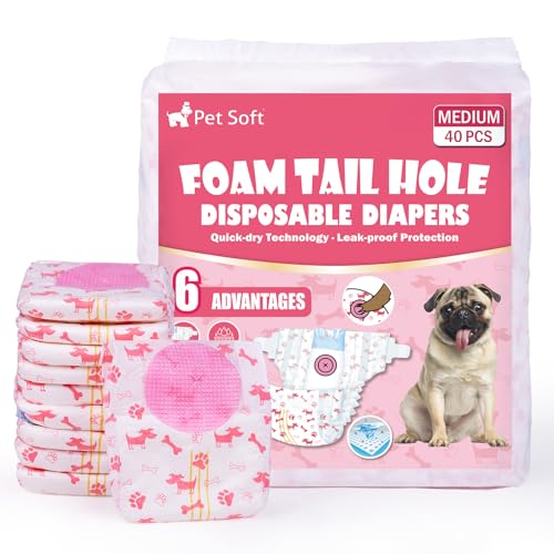 Pet Soft Hundewindeln für Hündinnen, 40 Stück Einweg-Windeln für Hunde&Katzen, Hochsaugfähige Katzenwindeln Läufigkeitshose für Hündinnen mit verstellbarem Schwanzloch (M-40 Stück) von Pet Soft