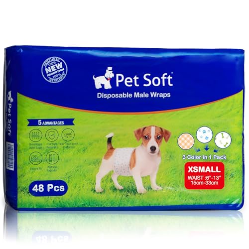 Pet Soft Hundewindeln für Rüden, Rüdenwindeln Einweg, Windel für Rüden, Super saugfähig Rüdenwindeln mit Auslaufsicher und Nässeindikator (XS-48 Stück) von Pet Soft