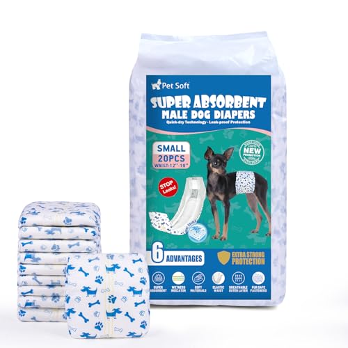 Pet Soft Hundewindeln für Rüden, 20 Stück Einweg-Windeln für Rüden, Hochsaugfähige Rüdenwindeln mit Nässeindikator und Auslaufsicher (S-20 Stück) von Pet Soft