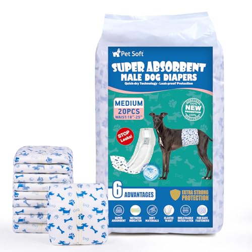 Pet Soft Hundewindeln für Rüden, 20 Stück Einweg-Windeln für Rüden, Hochsaugfähige Rüdenwindeln mit Nässeindikator und Auslaufsicher (M-20 Stück) von Pet Soft