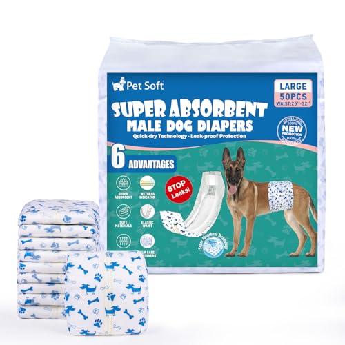 Pet Soft Hundewindeln für Rüden, 50 Stück Einweg-Windeln für Rüden, Hochsaugfähige Rüdenwindeln mit Nässeindikator und Auslaufsicher (L-50 Stück) von Pet Soft