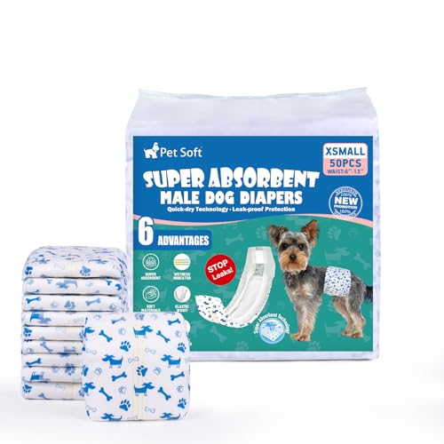 Pet Soft Hundewindeln für Rüden, 50 Stück Einweg-Windeln für Rüden, Hochsaugfähige Rüdenwindeln mit Nässeindikator und Auslaufsicher (XS-50 Stück) von Pet Soft