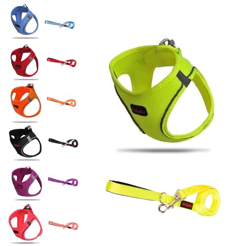 PetTagArt Airmesh Hundegeschirr/Leine Set, Anti-Zug-Geschirr Leine Set, Reflektierendes Brustgeschirr für kleine, große Hunde, Leine 1.4 m (Neon Gelb, L) von Pet Tag Art