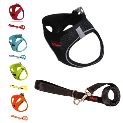 PetTagArt Airmesh Hundegeschirr/Leine Set, Anti-Zug-Geschirr Leine Set, Reflektierendes Brustgeschirr für kleine, große Hunde, Leine 1.4 m (Schwarz, XXS) von Pet Tag Art