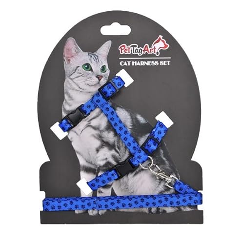PetTagArt Verstellbares Katzengeschirr und Leine, Katzenlaufleine 110 cm Lang, Für Hals und Brust passend (Blau Schwarz Pfotenmuster) von Pet Tag Art