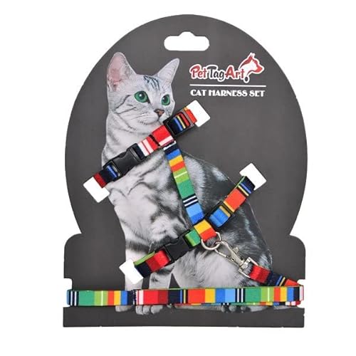 PetTagArt Verstellbares Katzengeschirr und Leine, Katzenlaufleine 110 cm Lang, Für Hals und Brust passend (Farbig Gemustert) von Pet Tag Art