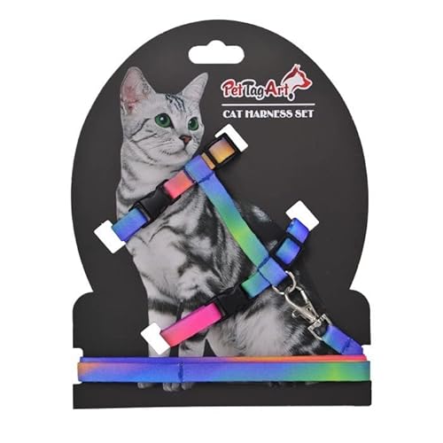PetTagArt Verstellbares Katzengeschirr und Leine, Katzenlaufleine 110 cm Lang, Für Hals und Brust passend (Regenbogen Gemustert) von Pet Tag Art