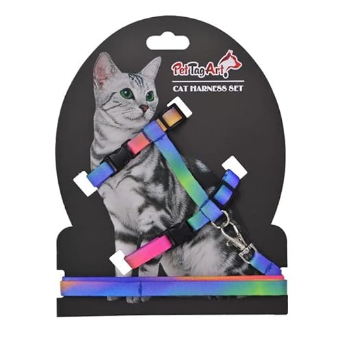 PetTagArt Verstellbares Katzengeschirr und Leine, Katzenlaufleine 110 cm Lang, Für Hals und Brust passend (Regenbogen Gemustert) von Pet Tag Art