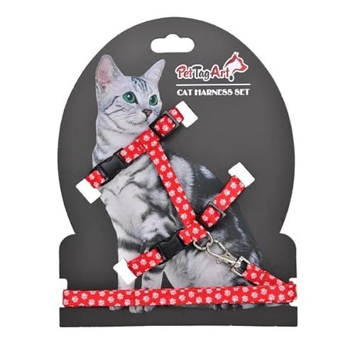 PetTagArt Verstellbares Katzengeschirr und Leine, Katzenlaufleine 110 cm Lang, Für Hals und Brust passend (Rot Weiß Pfotenmuster) von Pet Tag Art