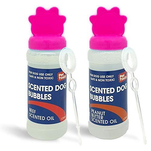 2 x 120 ml Blasblasen für Hunde, die duftend in Rinder- und Erdnussbutter für interaktives Spielen von Haustieren (Rind + Erdnussbutter, 2 x rosa (1 x Rindfleisch + 1 x Erdnussbutter) von Pet Touch