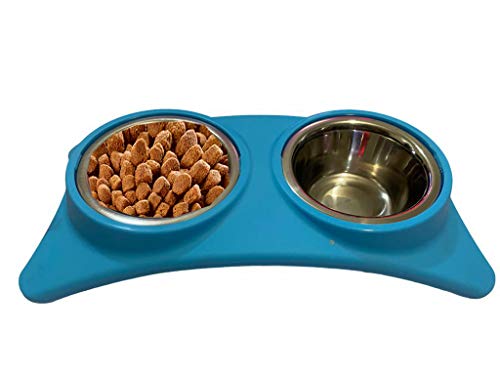 Futternapf für Katzen und Hunde, Doppelnapf für Futter und Wasser, Stahl, mit Kunststoffhalterung, für Welpen und Katzen, 0,5 PT (blau) von Pet Touch