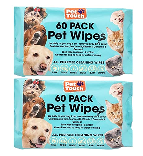 Mehrteiliges Set mit Haustierpflegetüchern, desodorierend, hypoallergen, für Hunde und Katzen, natürliche Haustiertücher (120 Stück) von Pet Touch