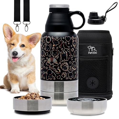 PET2GO Reise-Wasserflasche für Hunde, 900 ml, mit Leckerli-Halter und abnehmbaren Näpfen, isolierter, tragbarer Edelstahl-Wasserspender für Haustiere, Hunde-Zubehör, Outdoor-Strandausrüstung (Gold) von Pet2Go