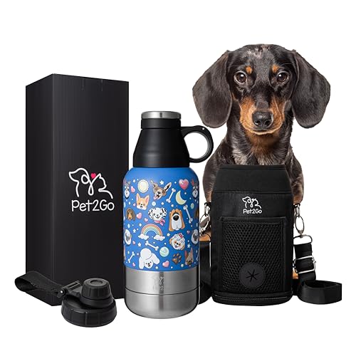 PET2GO Reise-Wasserflasche für Hunde mit Leckerli-Halter und abnehmbaren Näpfen, isolierter, tragbarer Edelstahl-Wasserspender für Haustiere, Zubehör für Spaziergänge, Outdoor-Hunde-Strandausrüstung, von Pet2Go