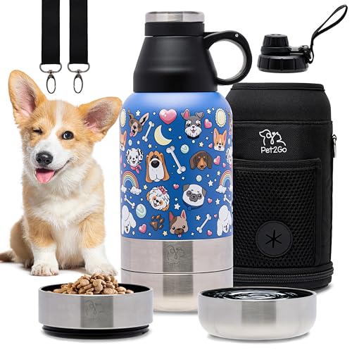 PET2GO Reise-Wasserflasche für Hunde, 900 ml, mit Leckerli-Halter und abnehmbaren Näpfen, isolierter, tragbarer Edelstahl-Wasserspender für Haustiere, Zubehör für Spaziergänge, von Pet2Go