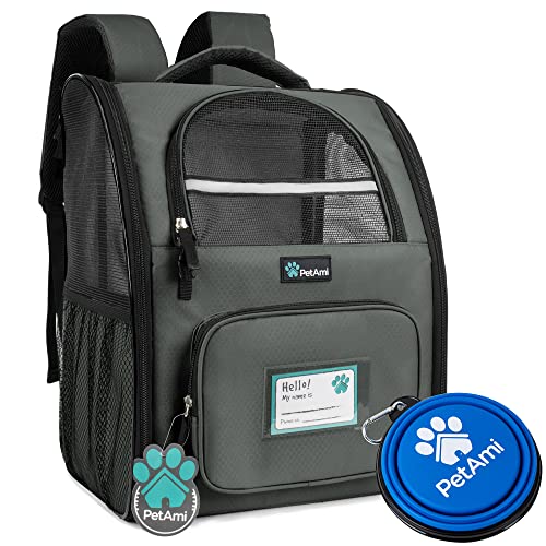 PetAmi Deluxe-Haustier-Rucksack für kleine Katzen und Hunde, Welpen, belüftetes Design, beidseitiger Eingang, Sicherheitsmerkmale gepolsterte Rückenstütze | Reisen, Wandern, Outdoor (dunkelgrau) von PetAmi