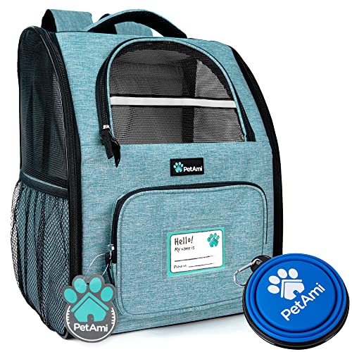 PetAmi Deluxe Haustiertragetasche für kleine Katzen und Hunde, Welpen,verstärkter Rahmen, belüftetes Design, zweiseitiger Eingang, Sicherheitskissen Rückenstütze, Wandern, Outdoor (Meerblau) von PetAmi