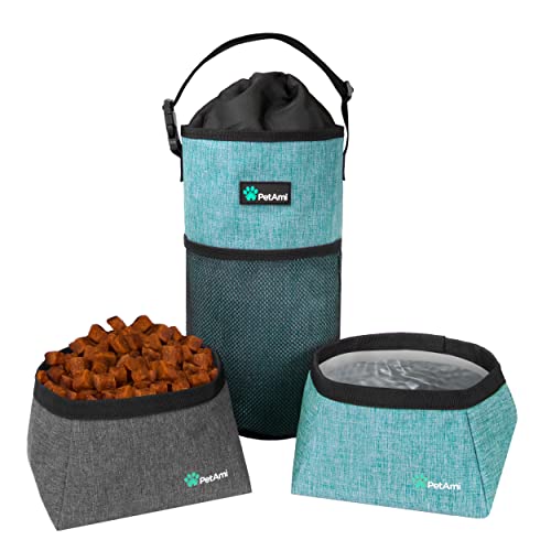 PetAmi Haustierfutter-Reisetasche & Hundenäpfe – Faltbarer Hundefutterbehälter für Trockenfutter und Wasser | Wasserdichte, Haustier-Reiseausrüstungs-Set (Meerblau, Grau) von PetAmi