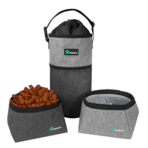 PetAmi Haustierfutter-Reisetasche & Hundenäpfe – Faltbarer Hundefutterbehälter für Trockenfutter und Wasser | Wasserdichte, Rucksackreisen, Haustier-Reiseausrüstung (Heather Grey) von PetAmi