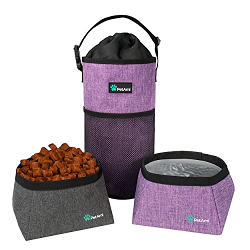 PetAmi Haustierfutter-Reisetasche & Hundenäpfe – zusammenklappbarer Hundefutterbehälter für Trockenfutter und Wasser, Haustier-Reiseausrüstung (lila, grau) von PetAmi