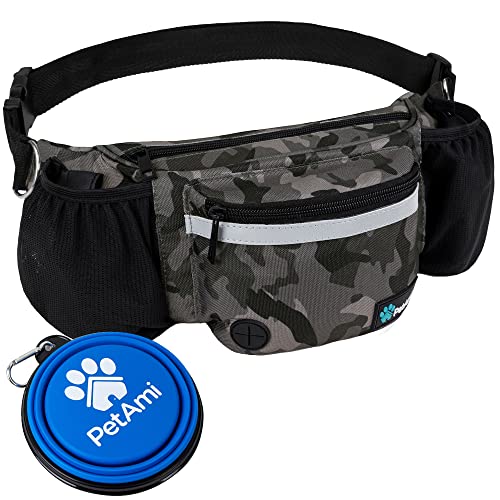 PetAmi Hunde-Bauchtasche, Leckerlibeutel für Hundespaziergänge, Training, eingebauter Kotbeutelspender, Wasserflaschenhalter, faltbarer Napf, Laufen, Trockenfutter (Camo Black) von PetAmi