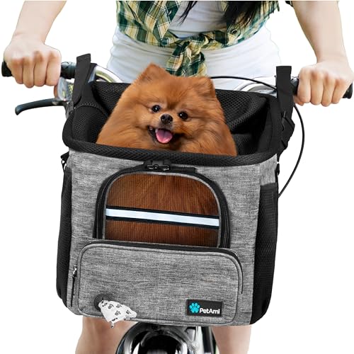 PetAmi Hunde-Fahrradkorb – Fahrradkorb für Hunde, Haustier, Fahrrad, Lenker,belüfteter Haustier-Reiserucksack, Katzen mit Netzfenster, weicher Sherpa-Bett-Sicherheitsgurt (grau) von PetAmi