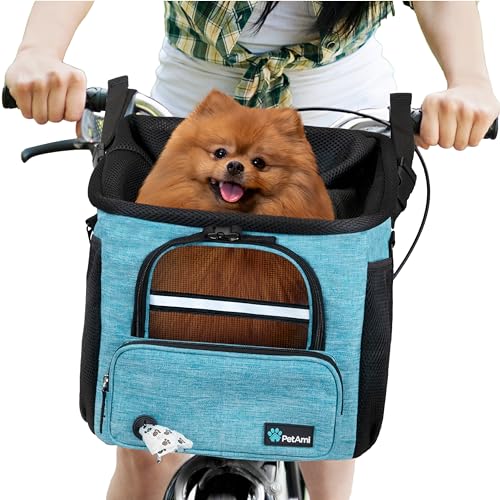 PetAmi Hunde-Fahrradkorb – Fahrradkorb für Hunde, Haustier-Fahrradlenker, belüfteter Haustier-Reiserucksack, Auto-Sitzerhöhung für kleine Welpen, Katzen mit Netzfenster, Sherpa-Bett, Sicherheitsgurt von PetAmi
