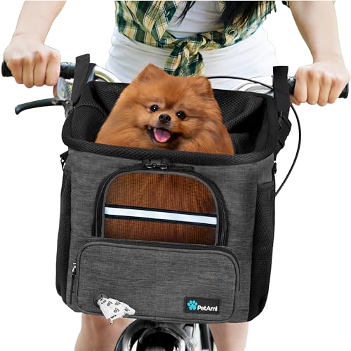 PetAmi Hunde-Fahrradkorb – Fahrradkorb für Hunde, Haustier-Fahrradlenker, belüfteter Hunde-Fahrradträger, Rucksack, Autositz für kleine Welpen, weiches Sherpa-Bett, Sicherheitsgurt (dunkelgrau) von PetAmi